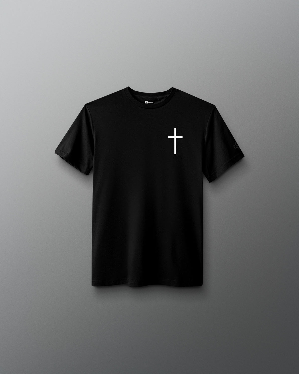 Black RUDIS Cross Youth Elite Super Soft T-Shirt featuring a white cross chest graphic and tonal RUDIS sleeve branding.