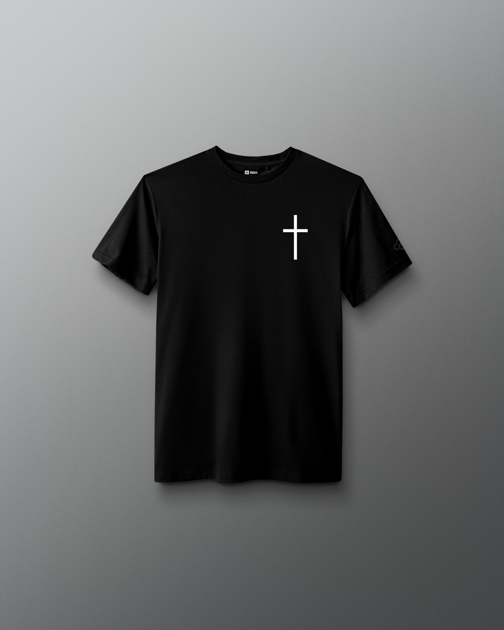 Black RUDIS Cross Youth Elite Super Soft T-Shirt featuring a white cross chest graphic and tonal RUDIS sleeve branding.