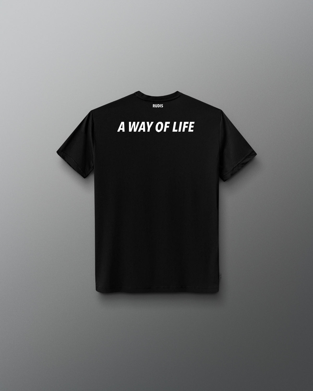 Back view of the youth black RUDIS Core Flag Elite Super Soft T-Shirt, featuring bold white “A WAY OF LIFE” lettering across the upper back with RUDIS branding at the neckline.