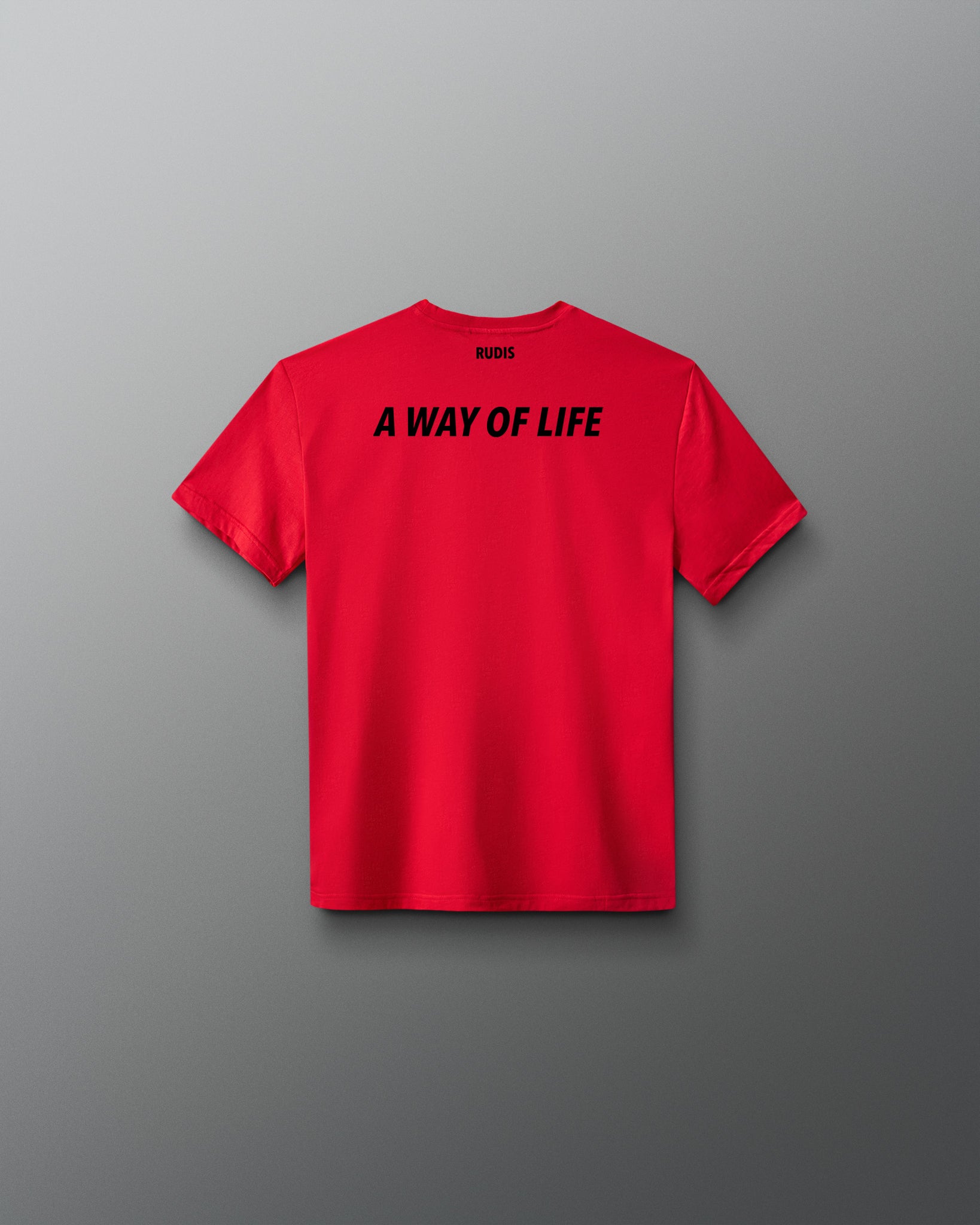 Back view of RUDIS USA Youth Elite Super Soft T-Shirt in red, featuring black A WAY OF LIFE lettering across the upper back and RUDIS branding below the collar.