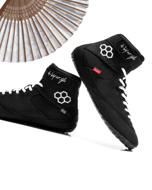 RUDIS Samurai Speed wrestling shoes A Way of Life colorway in black and white designed for lightweight performance, flexibility, and all-match control