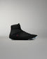Side profile of the RUDIS Samurai Speed Youth Wrestling Shoe in Wabi-Sabi black, featuring a textured mesh upper, lace-up closure, ankle strap, and translucent outsole.