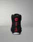 Rear view of the RUDIS Samurai Speed Youth Wabi-Sabi wrestling shoe, highlighting red embroidered Japanese characters, wrestling artwork, and RUDIS branding on the black heel.