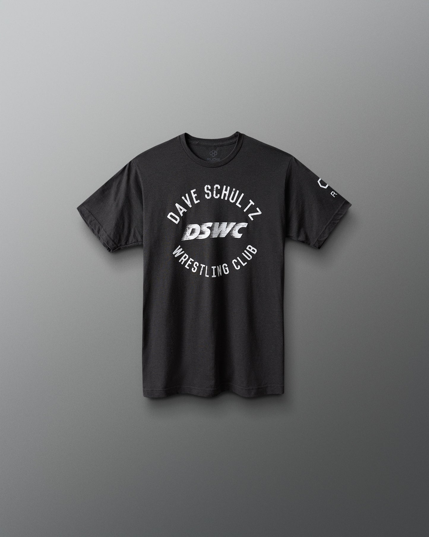 Black t-shirt with 'Dave Schultz Wrestling Club' text on a gray background