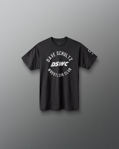 Black t-shirt with 'Dave Schultz Wrestling Club' text on a gray background