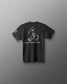 Black t-shirt with white graphic and text on a gray background