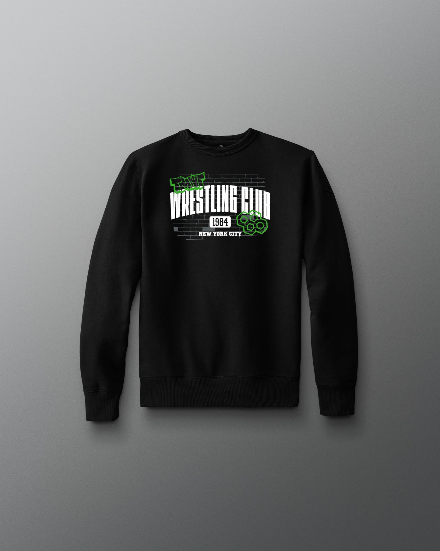 Black sweatshirt with wrestling club text on a gray background. TMNT. Teenage Mutant Ninja Turtle