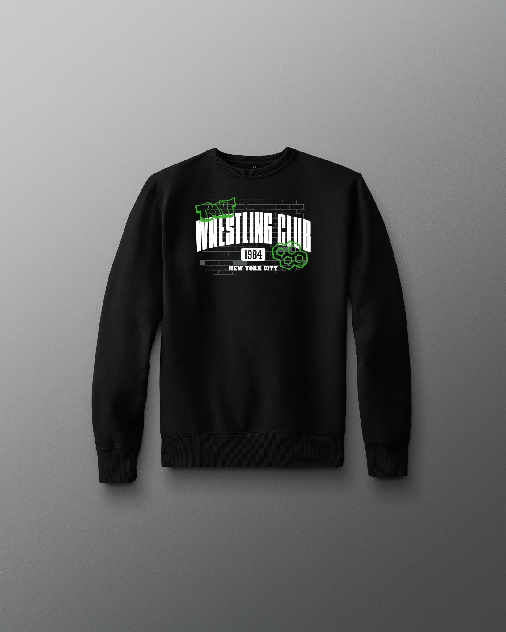 Black sweatshirt with wrestling club text on a gray background. TMNT. Teenage Mutant Ninja Turtle