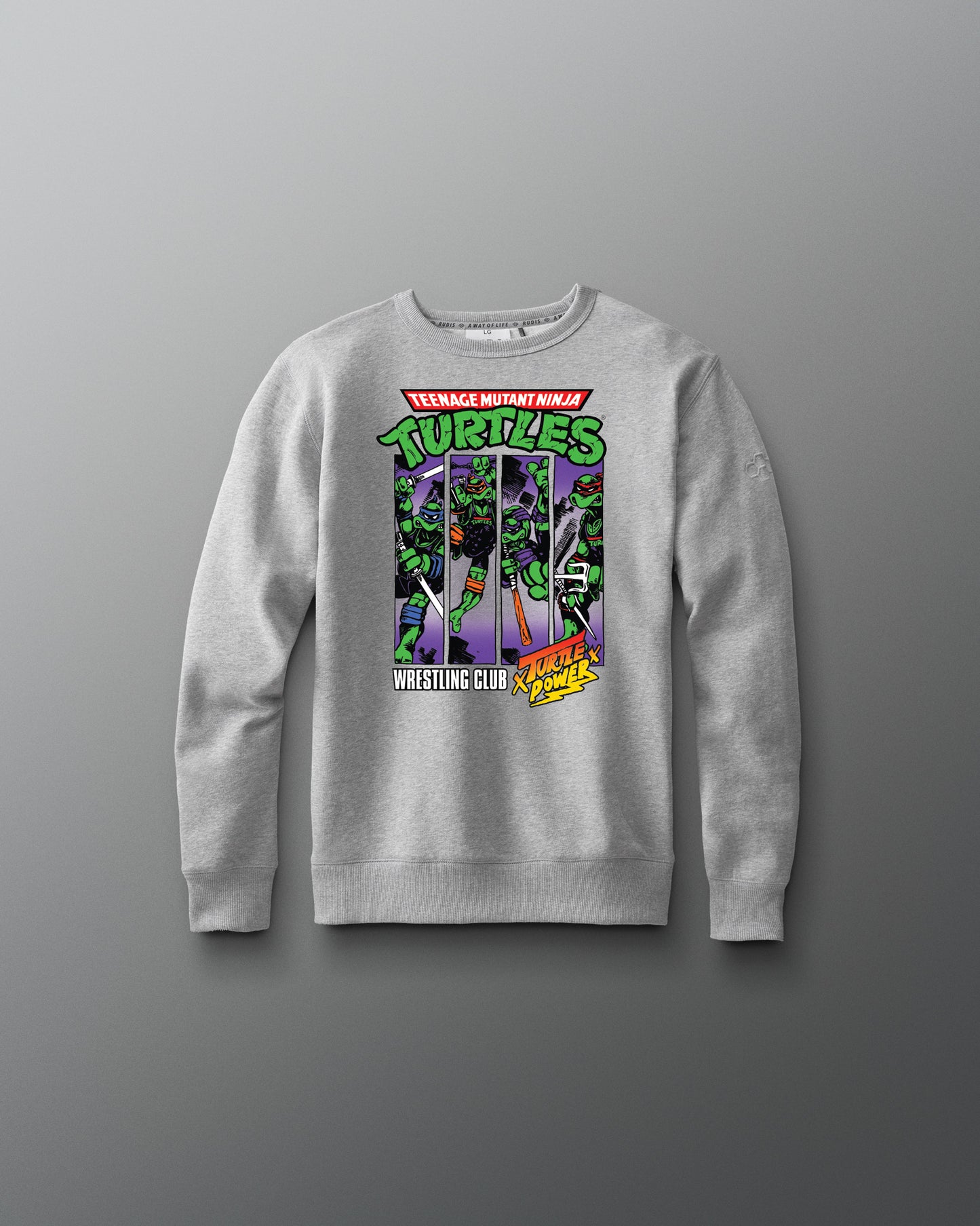 Gray sweatshirt with Teenage Mutant Ninja Turtles graphic on a gray background