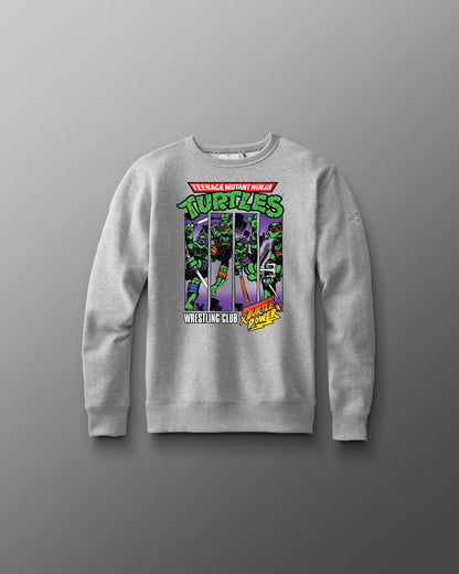Gray sweatshirt with Teenage Mutant Ninja Turtles graphic on a gray background