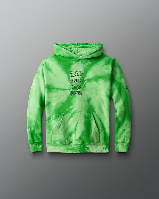 Green tie-dye hoodie with branding on a gray background. TMNT. Teenage Mutant Ninja Turtle