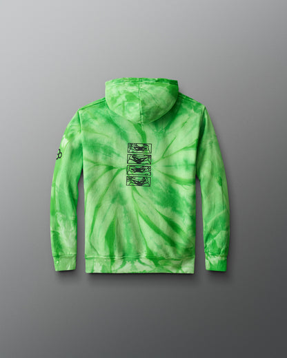 Green tie-dye hoodie with a logo on the back against a gray background. TMNT. Teenage Mutant Ninja Turtle