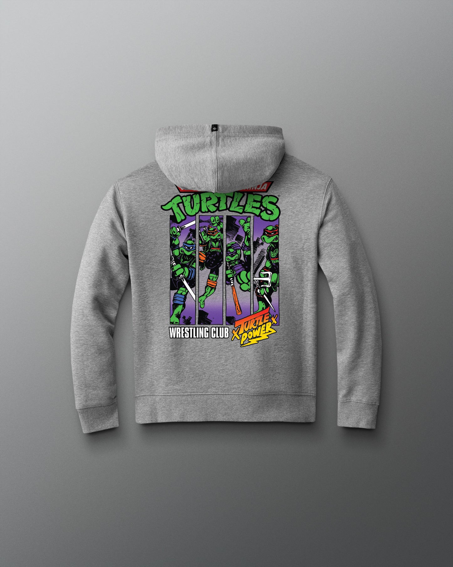 Gray hoodie with Teenage Mutant Ninja Turtles graphic on a gray background