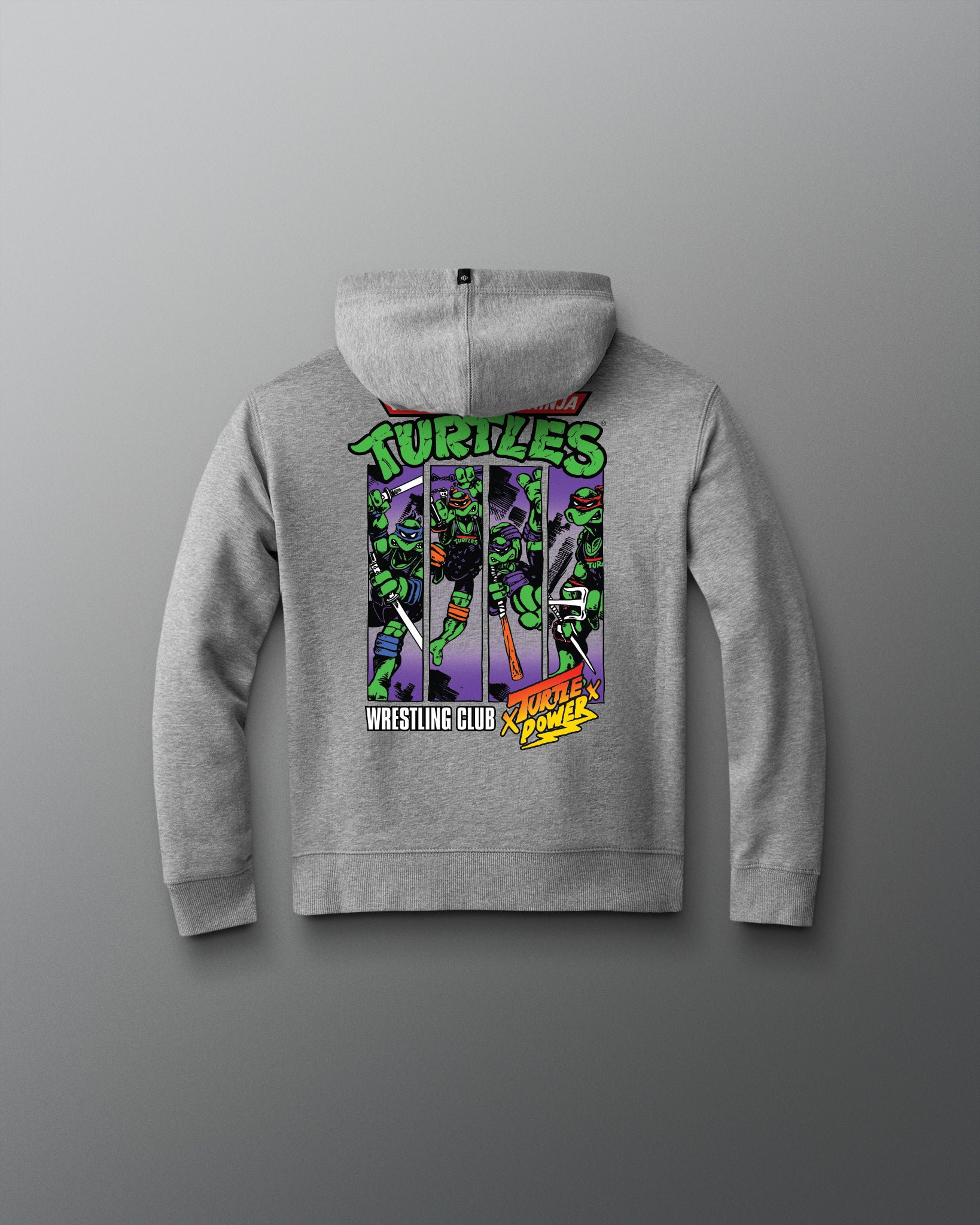 Gray hoodie with Teenage Mutant Ninja Turtles graphic on a gray background