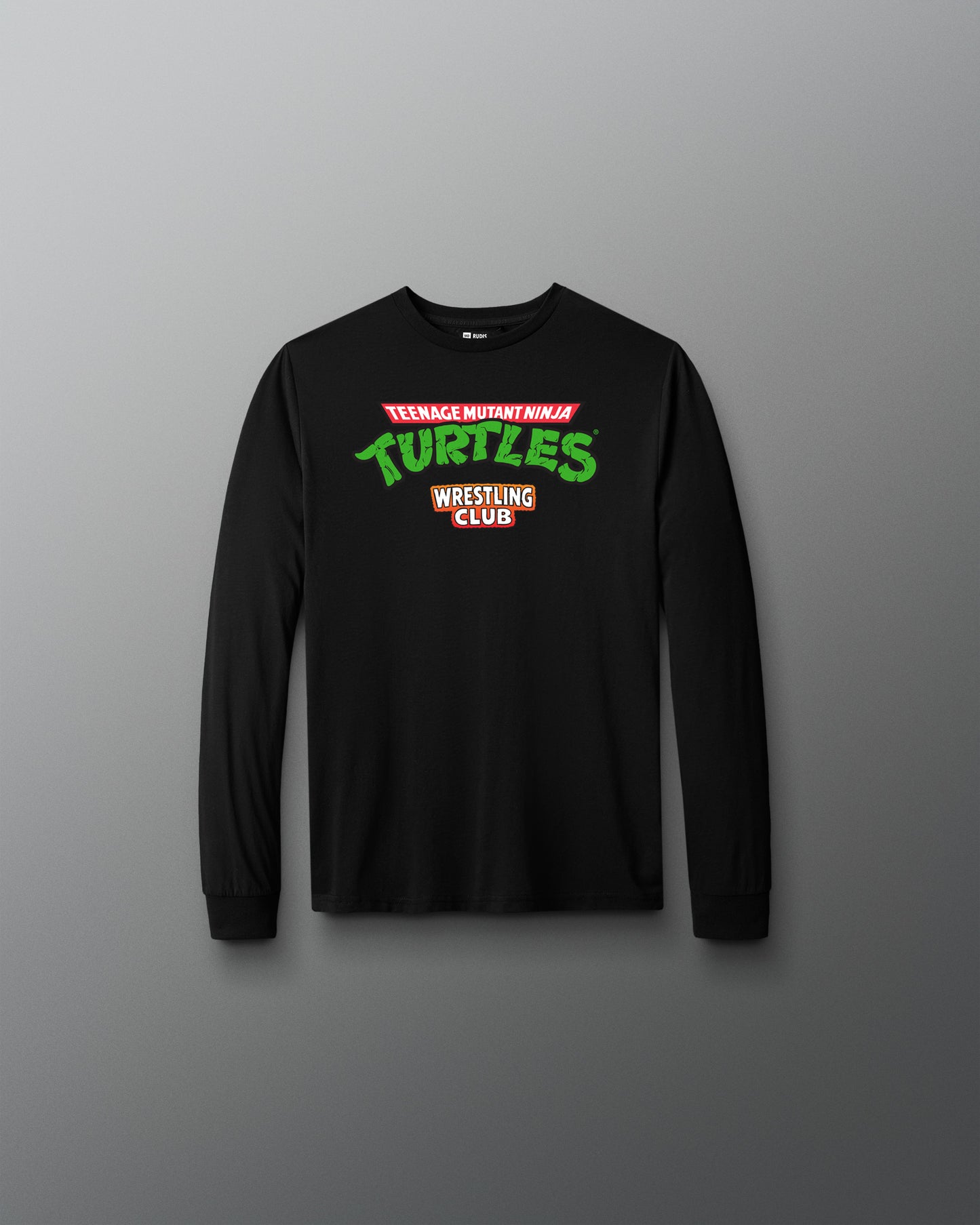 Black long-sleeve shirt with 'Teenage Mutant Ninja Turtles Wrestling Club' text on a gray background