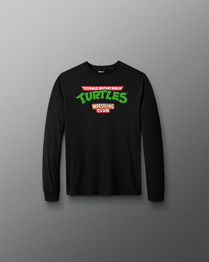 Black long-sleeve shirt with 'Teenage Mutant Ninja Turtles Wrestling Club' text on a gray background