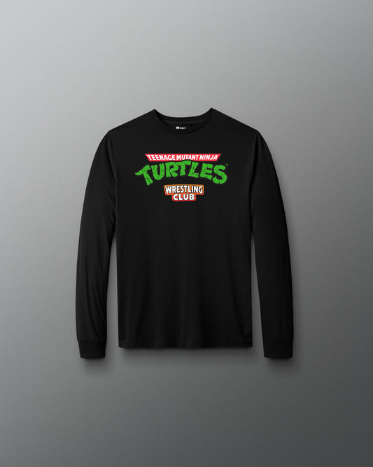 Black long-sleeve shirt with 'Teenage Mutant Ninja Turtles Wrestling Club' text on a gray background
