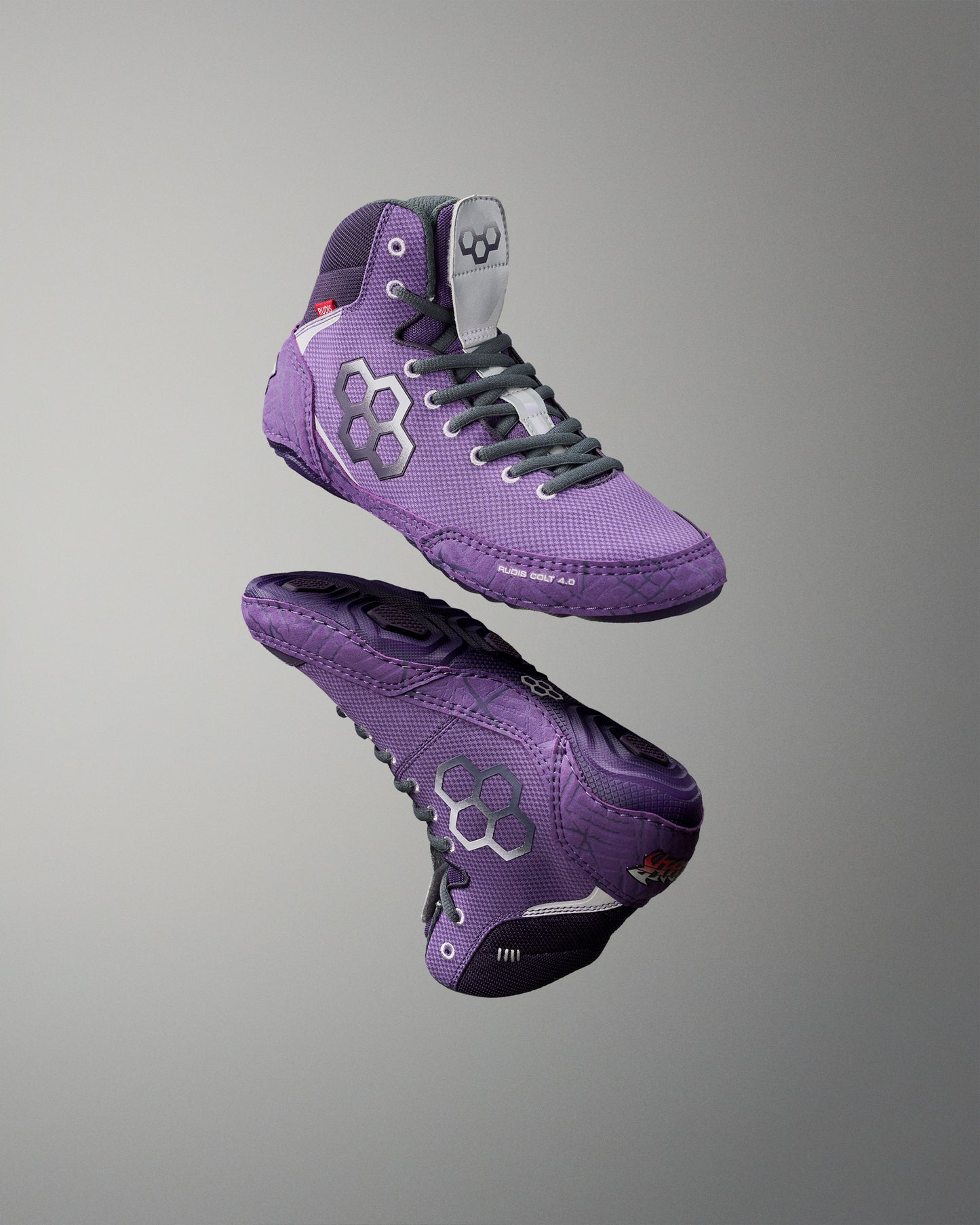 Purple RUDIS Colt 4.0 Shredder wrestling shoes showcasing upper and outsole details.