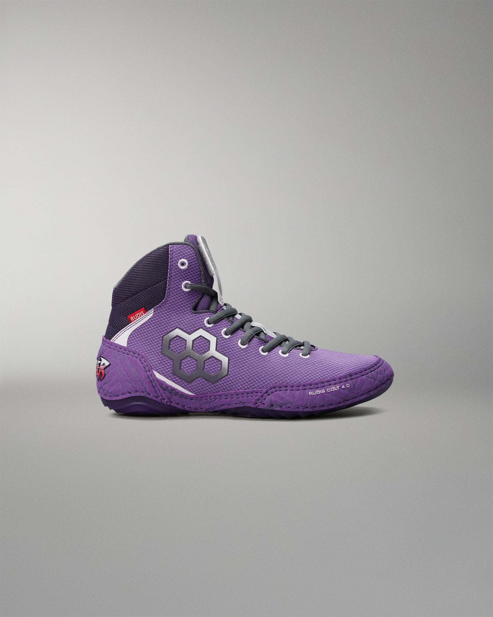 Purple RUDIS Colt 4.0 Shredder wrestling shoe shown in side profile.