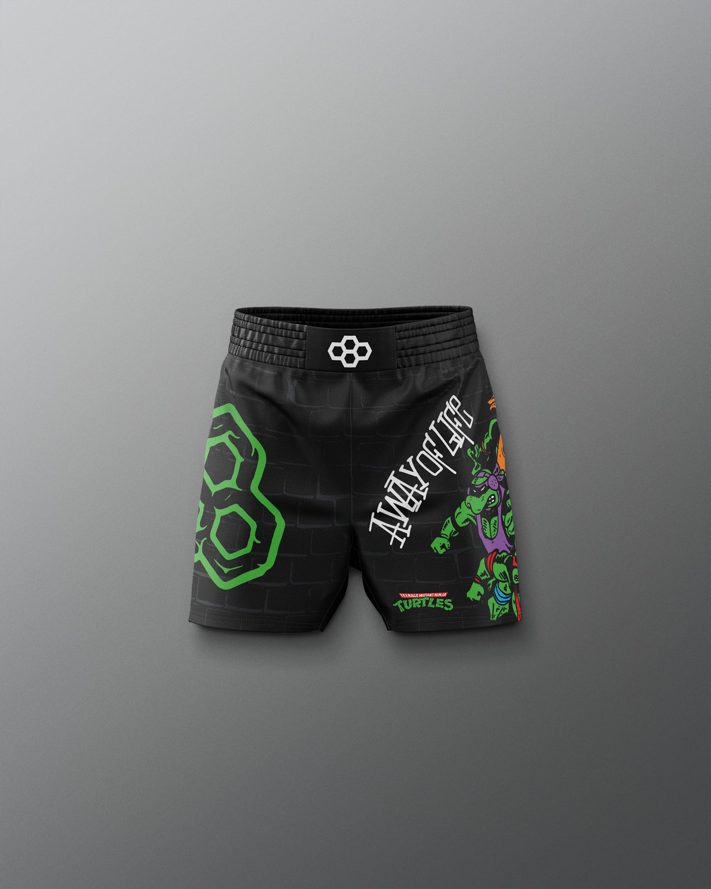 Black shorts with green and purple designs on a gray background. TMNT. Teenage Mutant Ninja Turtle