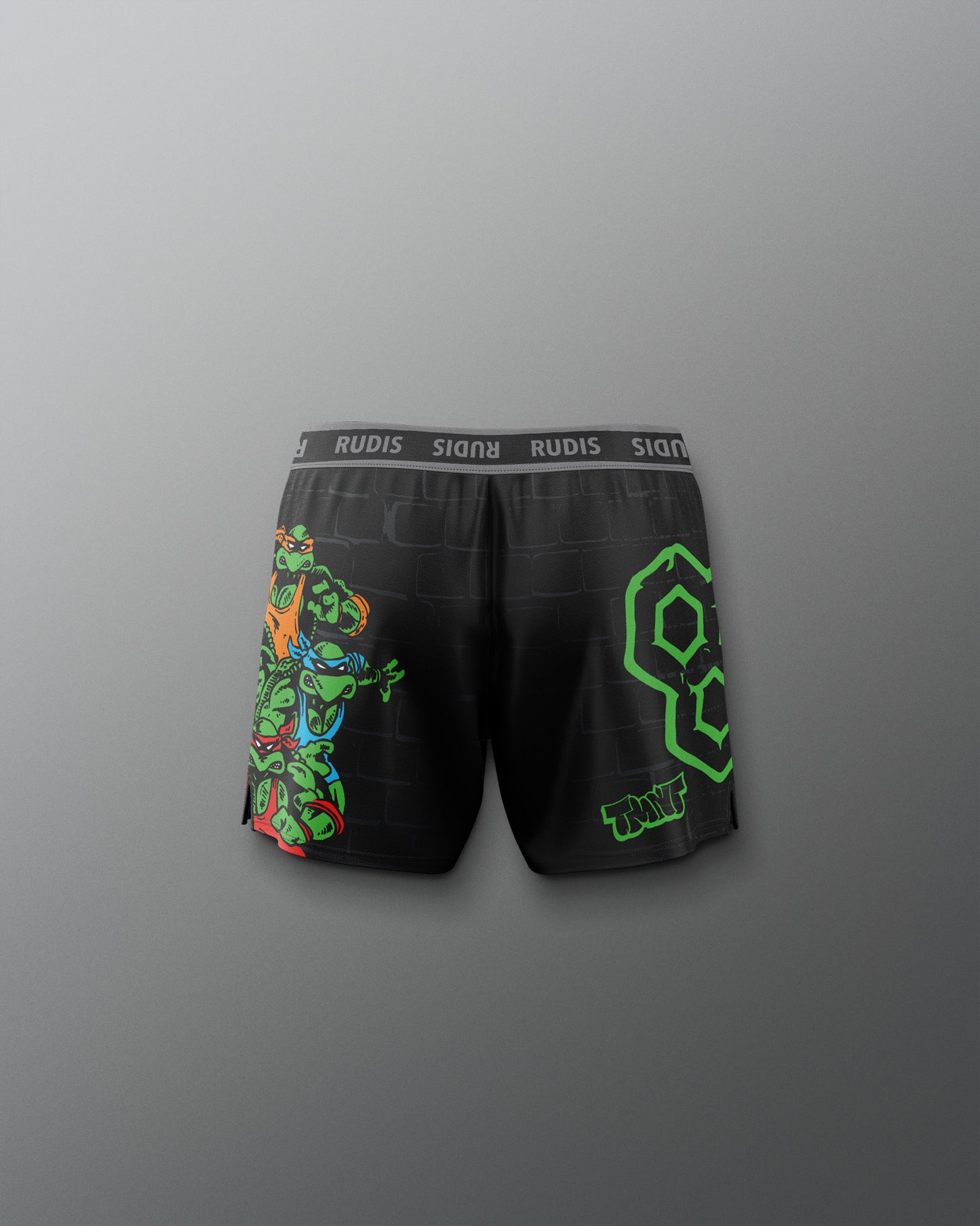 Black boxer briefs with colorful graphics and 'RUDIS' branding on a gray background. TMNT. Teenage Mutant Ninja Turtle