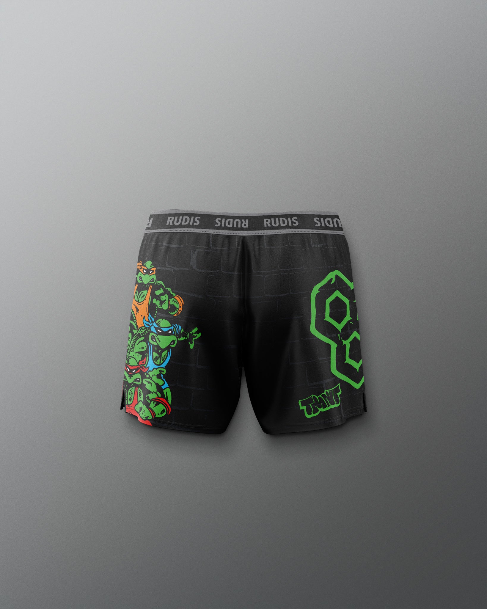 Black boxer briefs with colorful graphics and 'RUDIS' branding on a gray background. TMNT. Teenage Mutant Ninja Turtle