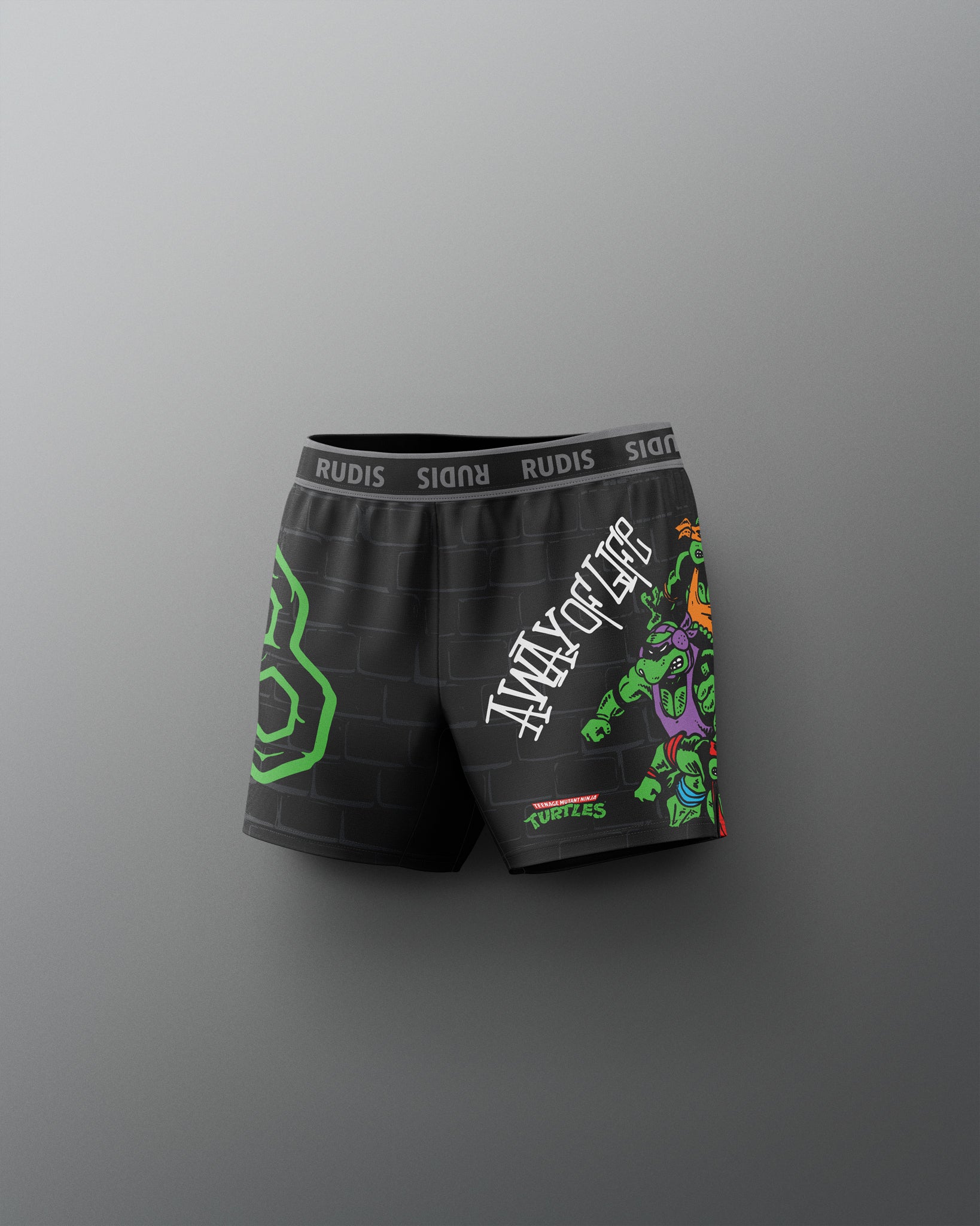 Black boxer briefs with colorful graphics and text on a gray background. TMNT. Teenage Mutant Ninja Turtle