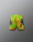 Neon green and orange shorts with graphic design on a gray background