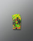 Colorful swim shorts with a graphic design on a gray background