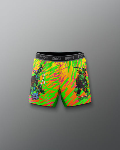 Colorful swim shorts with graphic design on a gray background