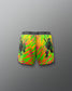 Colorful swim shorts with a graphic design on a gray background