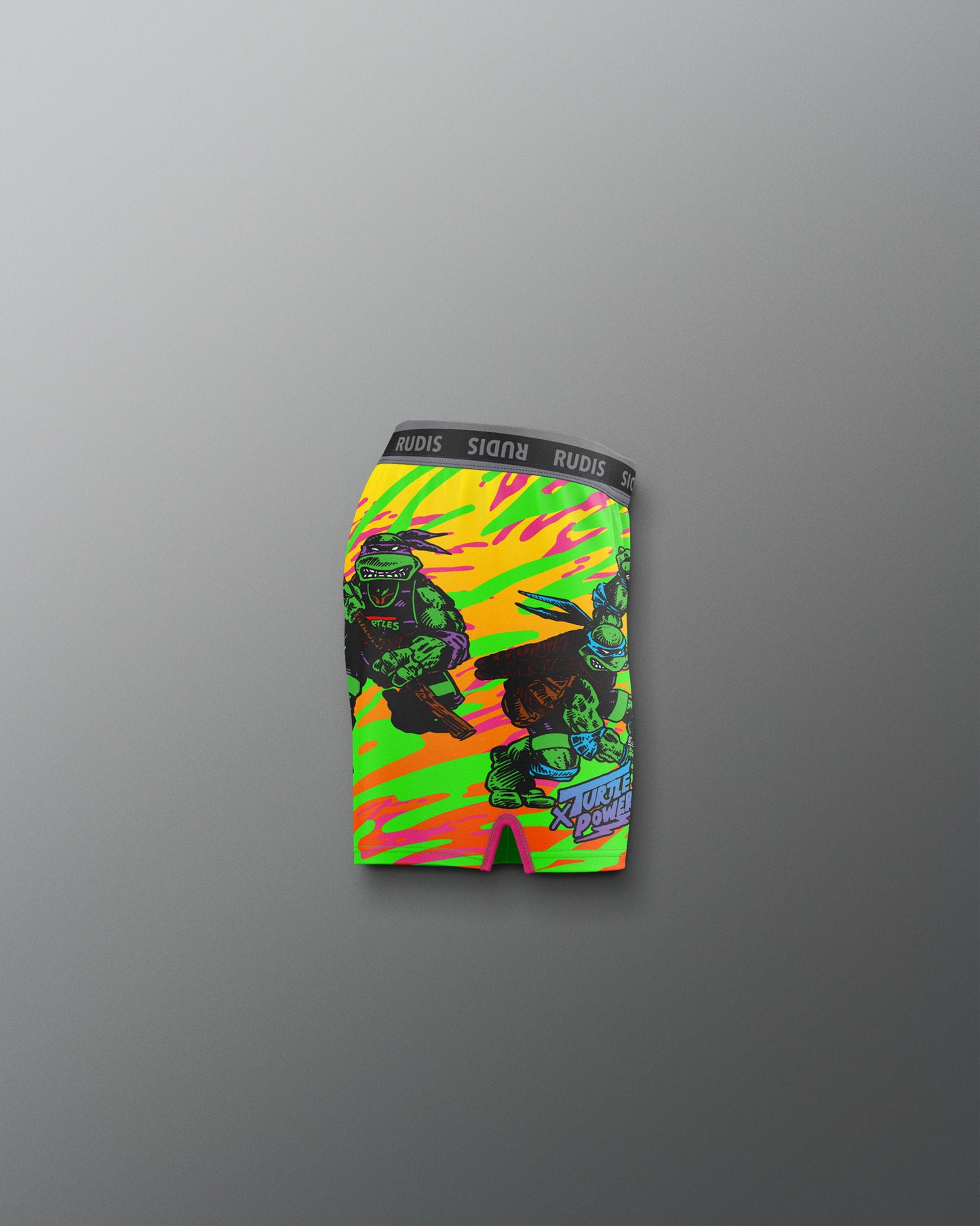 Colorful graphic shorts with a gray background