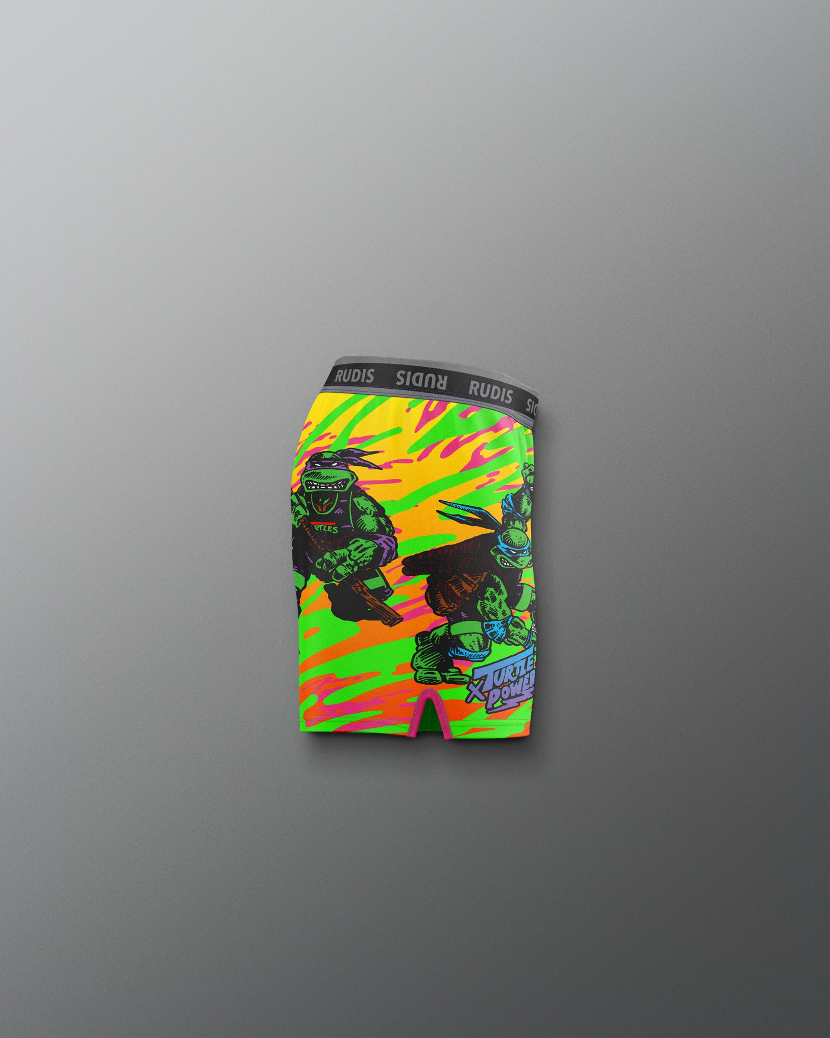 Colorful graphic shorts with a gray background