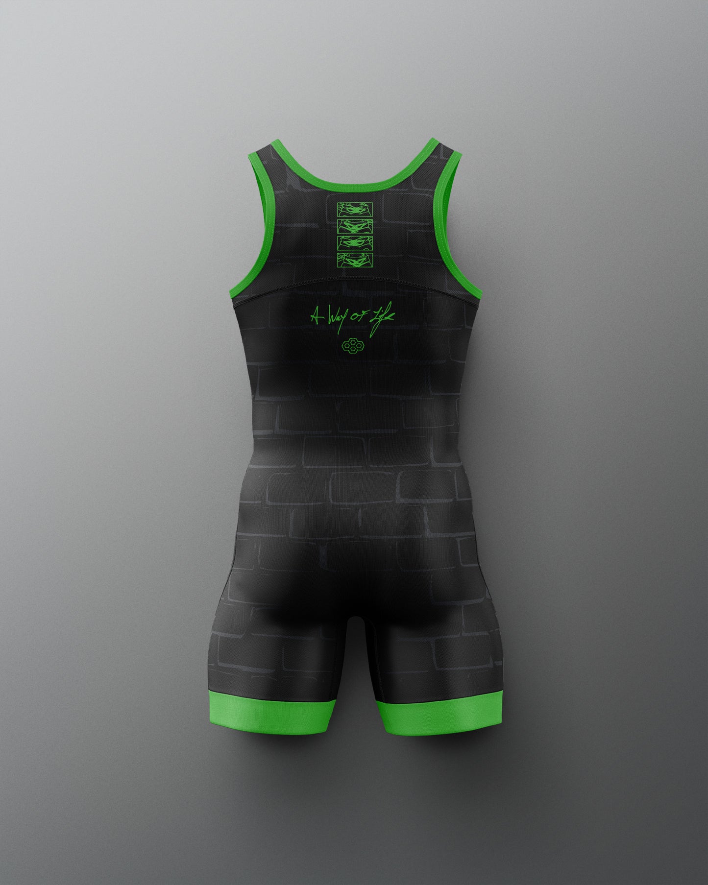 Black and green wrestling singlet on a gray background. TMNT. Teenage Mutant Ninja Turtles