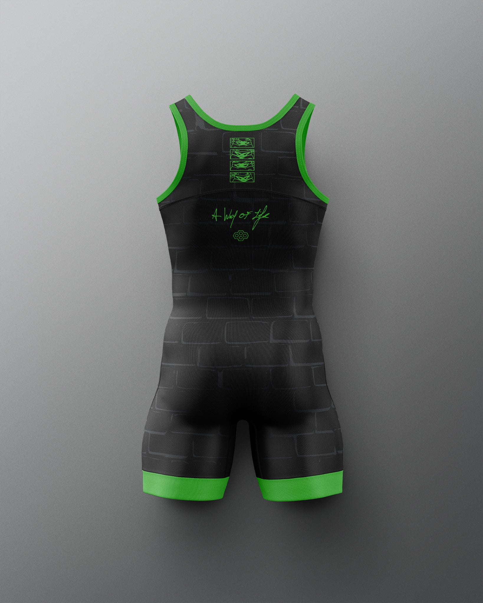 Black and green wrestling singlet on a gray background. TMNT. Teenage Mutant Ninja Turtles