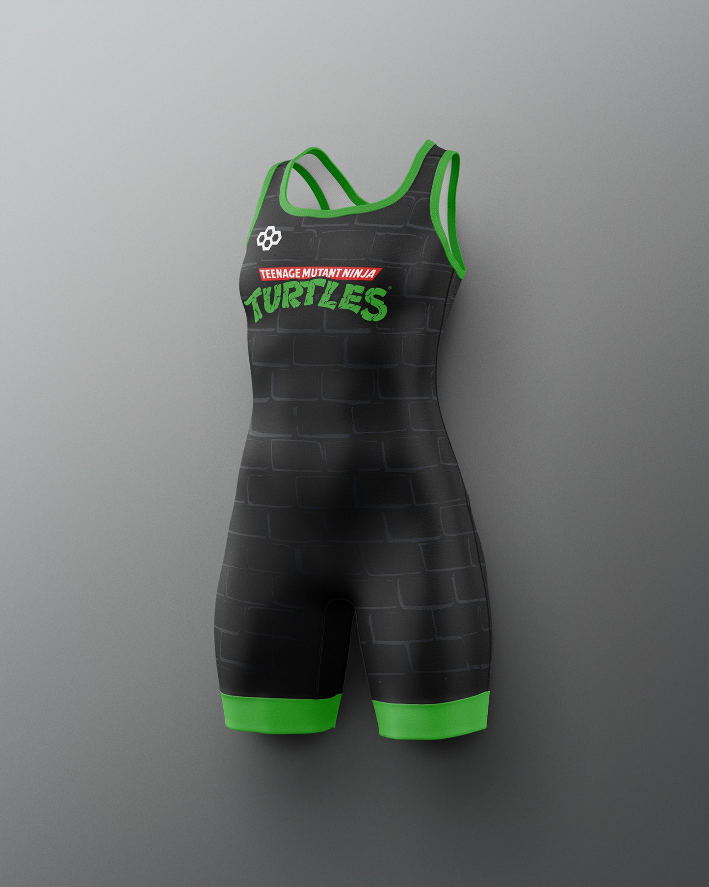 Black and green athletic suit with 'Turtles' text on a gray background. TMNT. Teenage Mutant Ninja Turtles