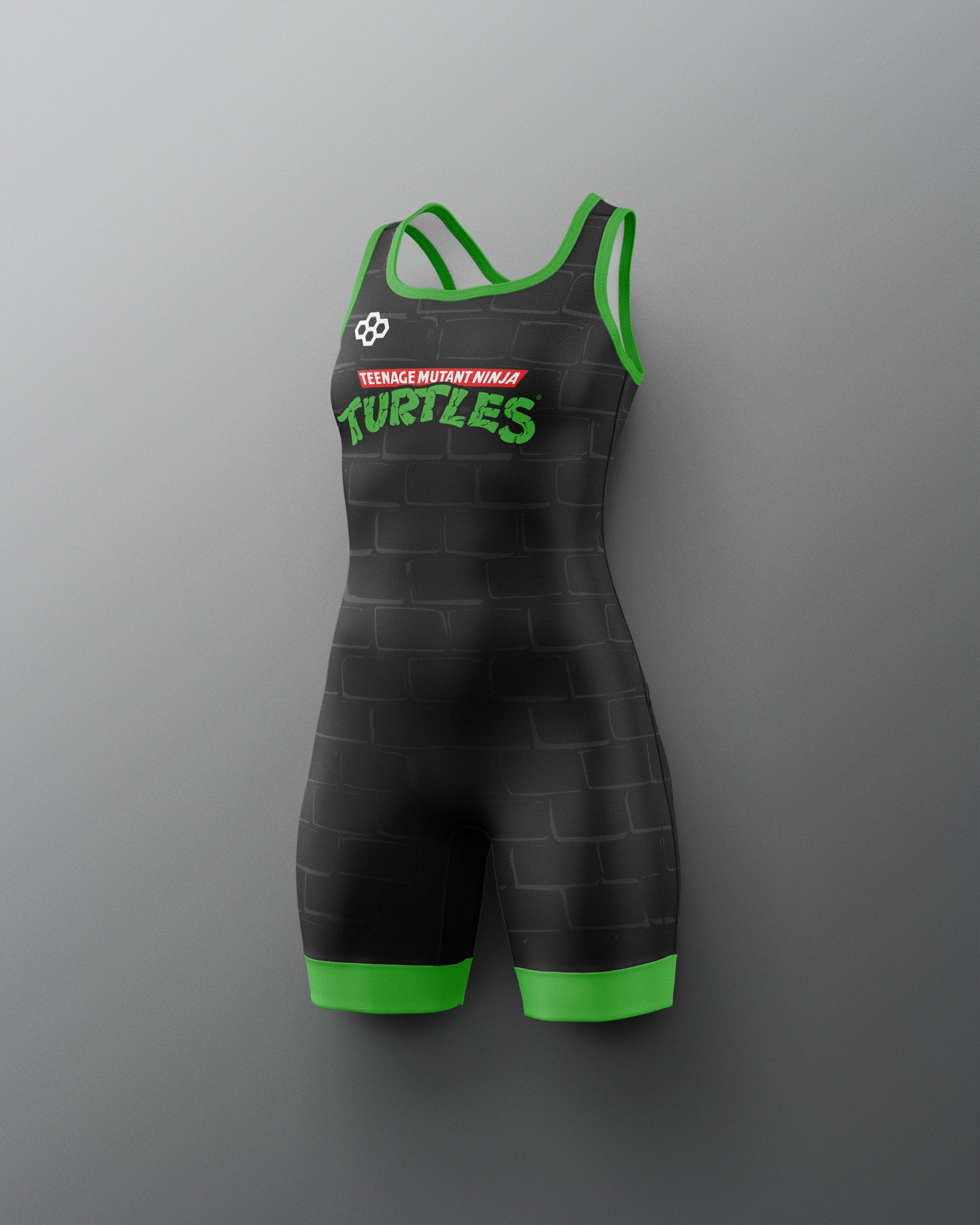 Black and green athletic suit with 'Turtles' text on a gray background. TMNT. Teenage Mutant Ninja Turtles