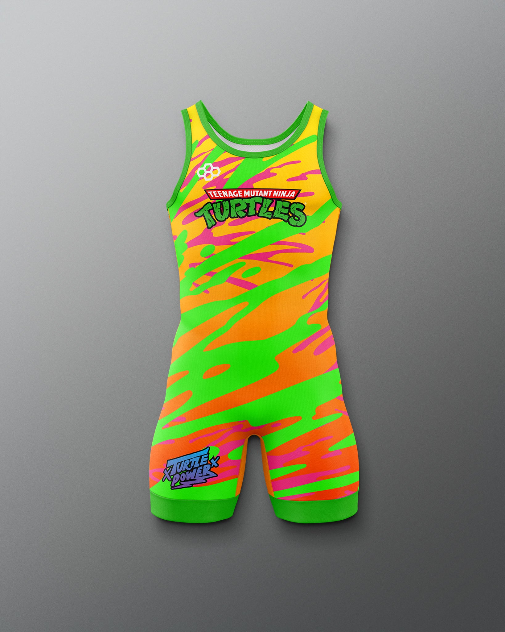 Colorful wrestling singlet with 'Teenage Mutant Ninja Turtles' branding on a gray background