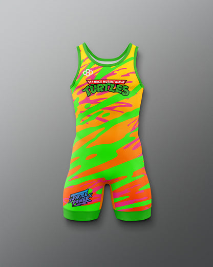 Colorful wrestling singlet with 'Teenage Mutant Ninja Turtles' branding on a gray background