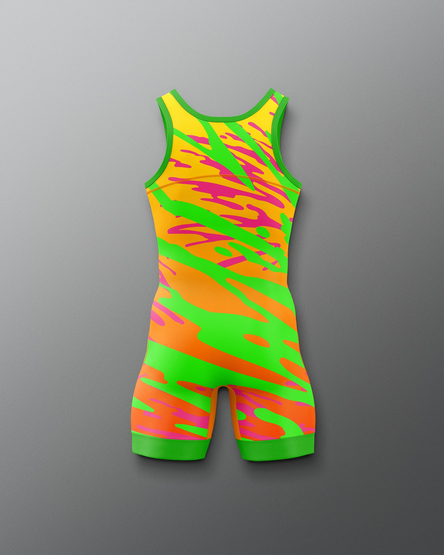 Colorful wrestling singlet with green, orange, and pink pattern on a gray background