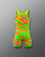 Colorful wrestling singlet with green, orange, and pink pattern on a gray background