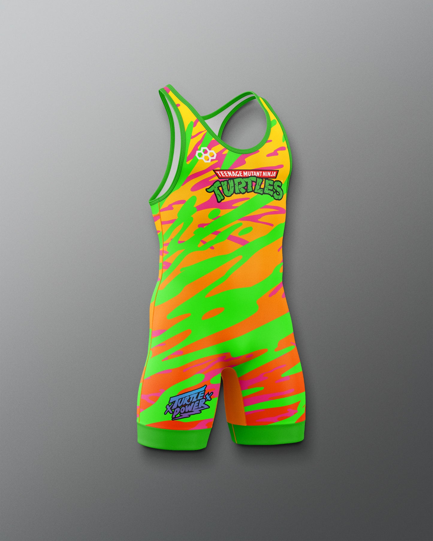 Colorful wrestling singlet with 'Teenage Mutant Ninja Turtles' branding on a gray background