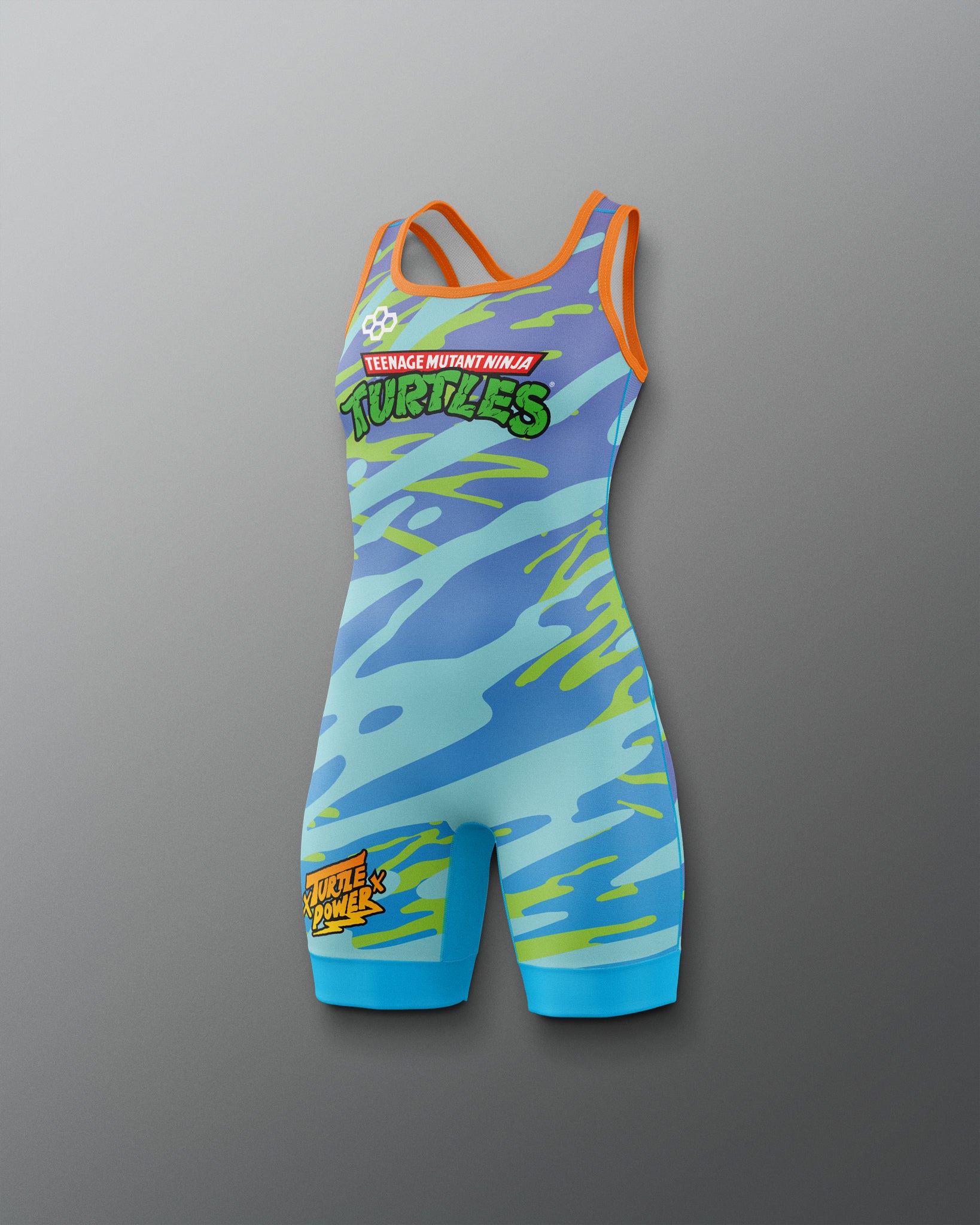 Blue and green wrestling singlet with 'Teenage Mutant Ninja Turtle' Branding and orange accents on a gray background