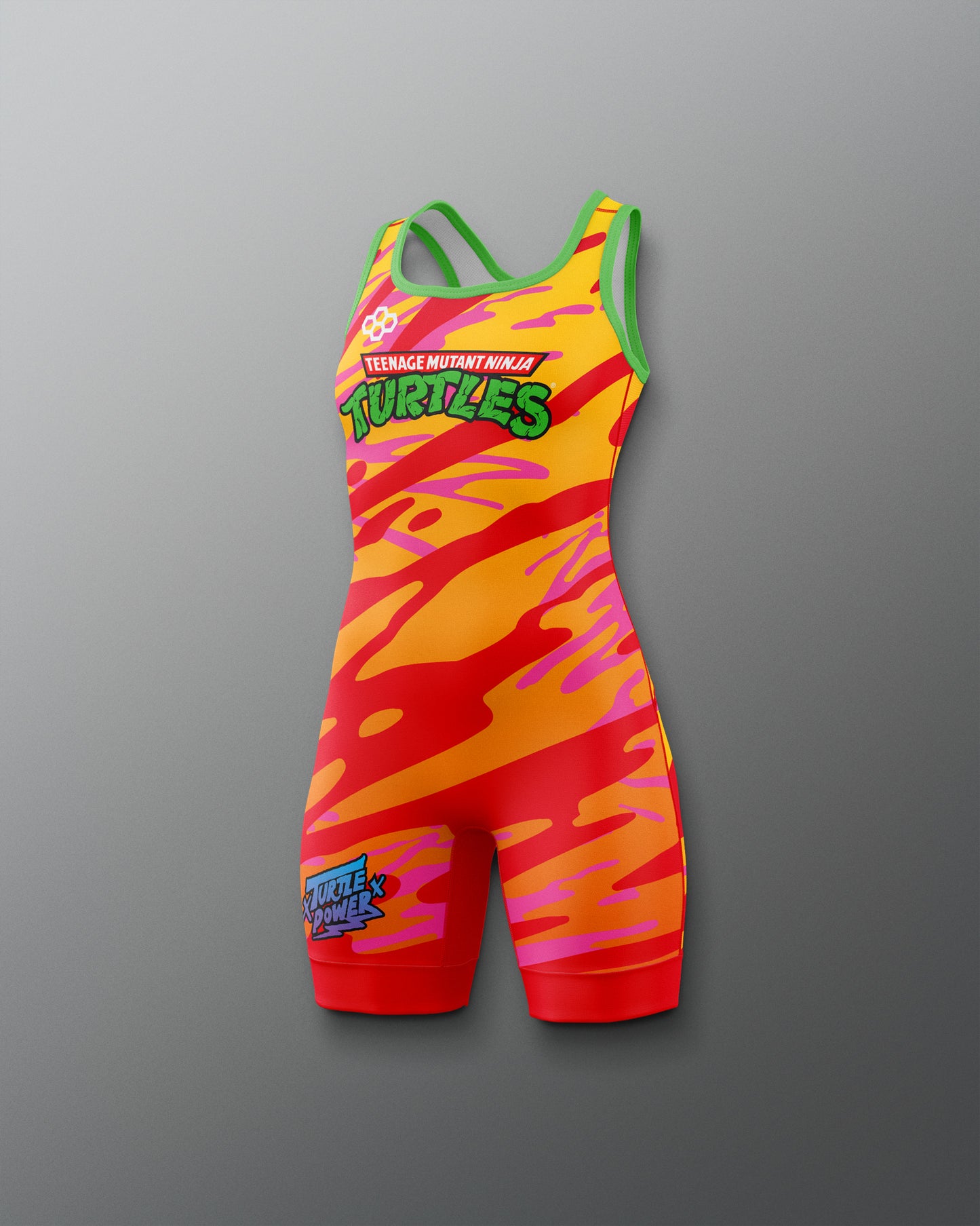 Colorful wrestling singlet with Teenage Mutant Ninja Turtles branding on a gray background