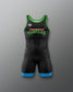 Black wrestling singlet with green and red text saying "teenage mutant ninja turtles" on a gray background