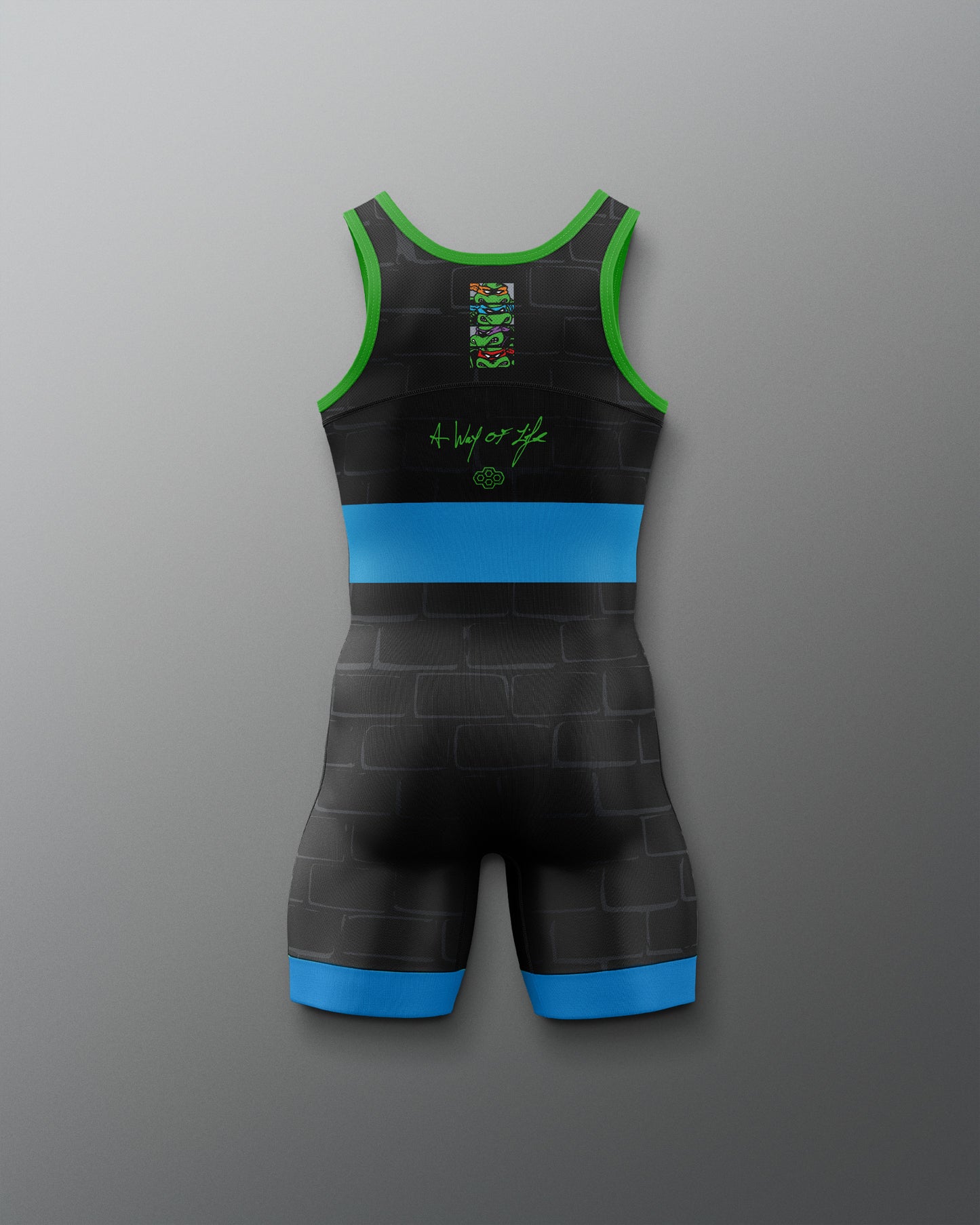 Black and blue Wrestling singlet with green accents on a gray background