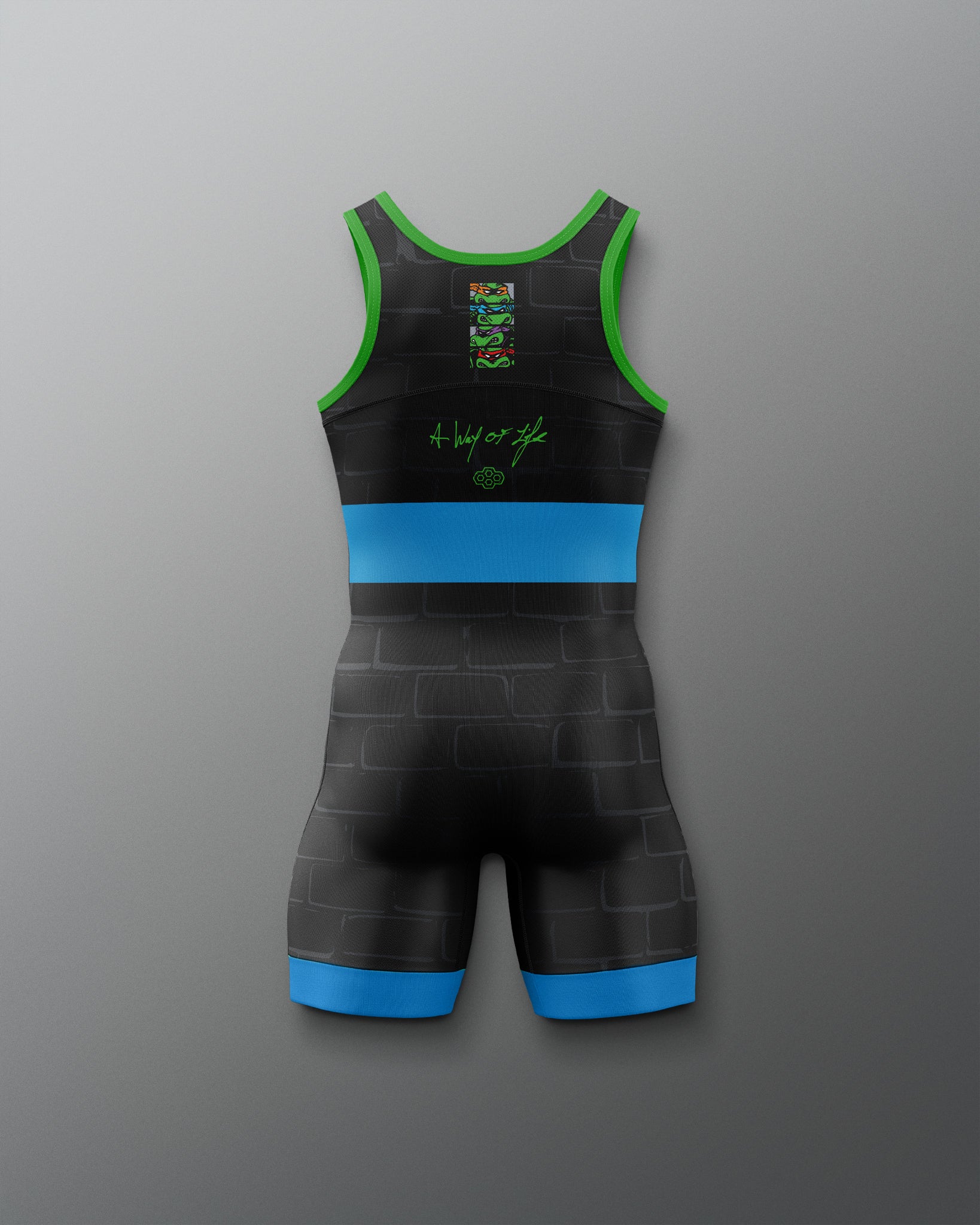 Black and blue Wrestling singlet with green accents on a gray background
