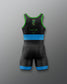 Black and blue Wrestling singlet with green accents on a gray background