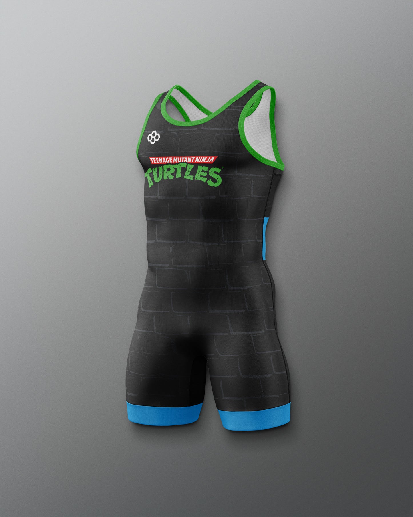 Black Wrestling singlet with green and blue accents on a gray background