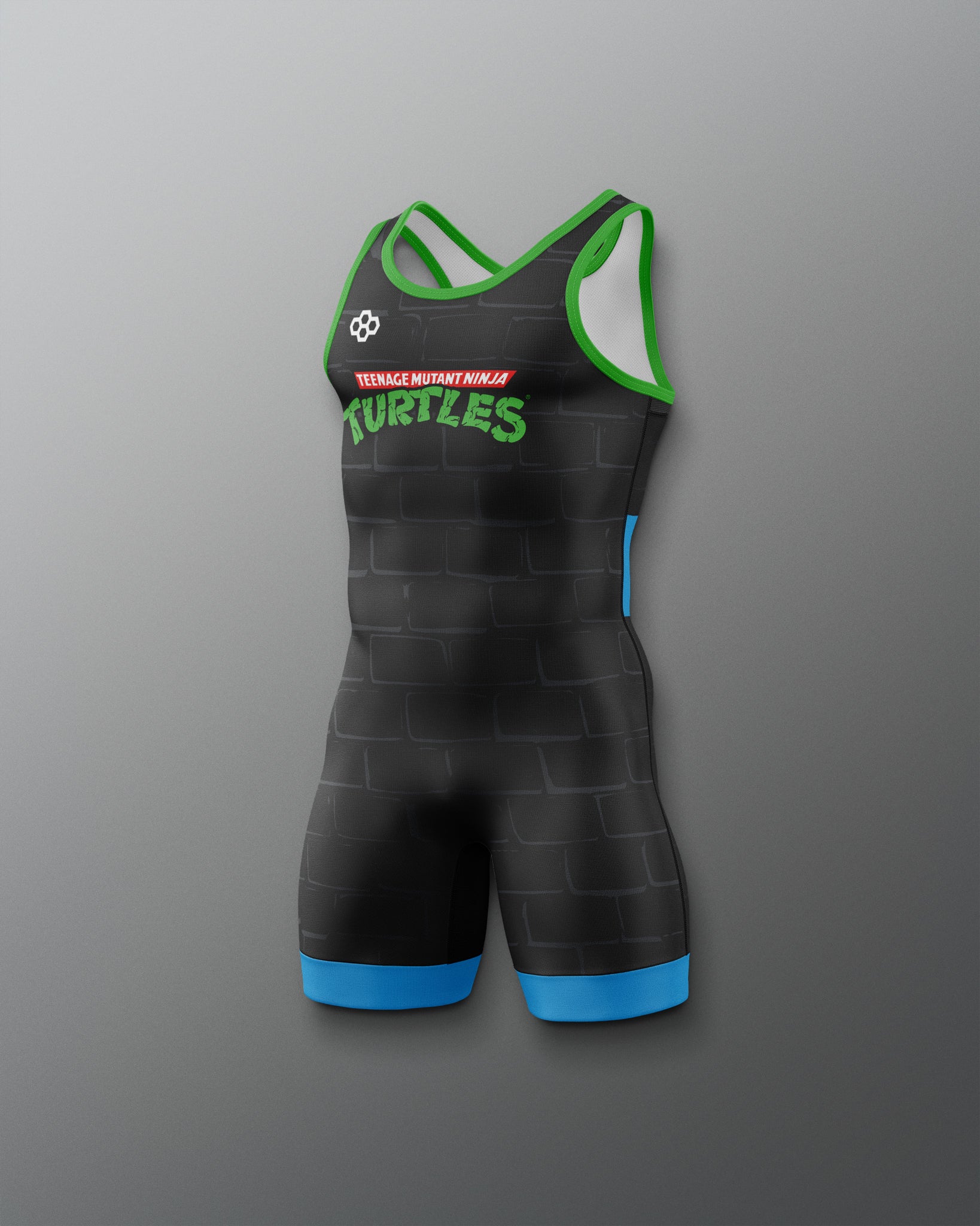 Black Wrestling singlet with green and blue accents on a gray background